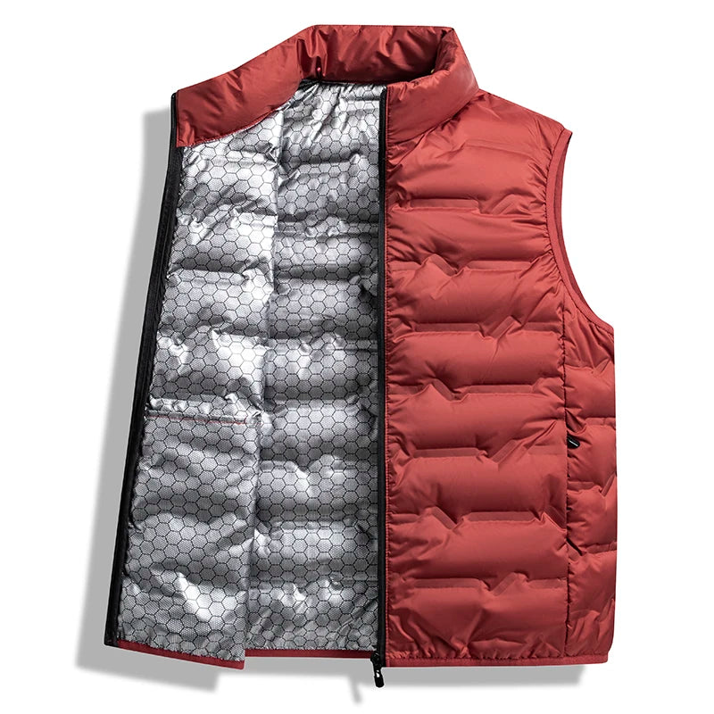 Graphene Self-heating Down Vests Men Solid Windproof Pleated Winter Vests Classic Stand Collar Warm Waistcoats