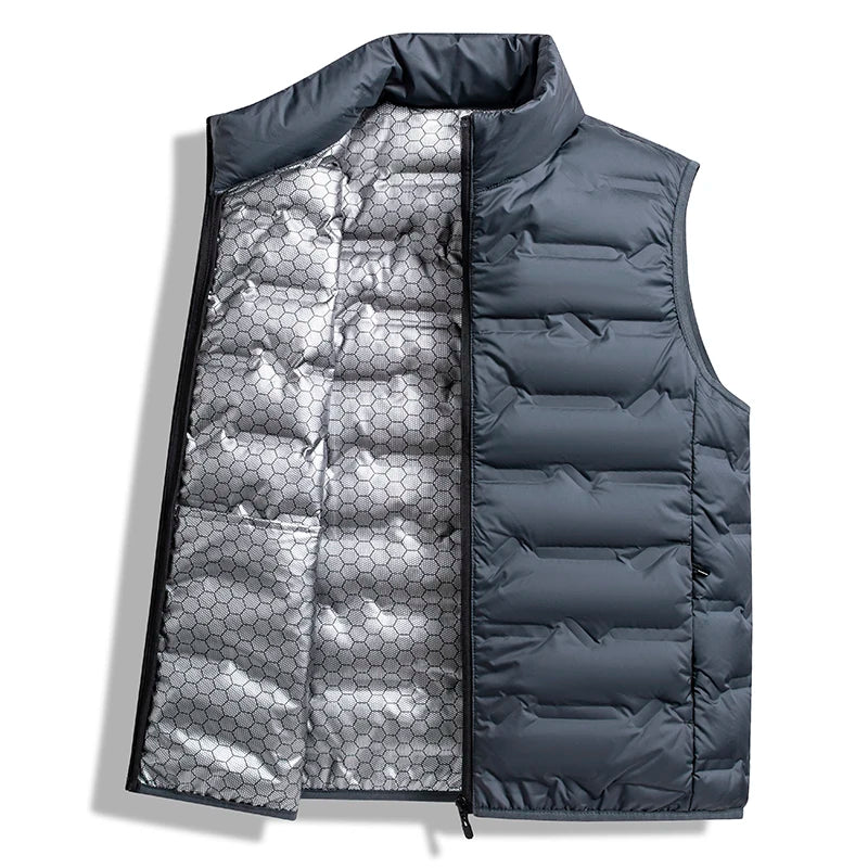 Graphene Self-heating Down Vests Men Solid Windproof Pleated Winter Vests Classic Stand Collar Warm Waistcoats