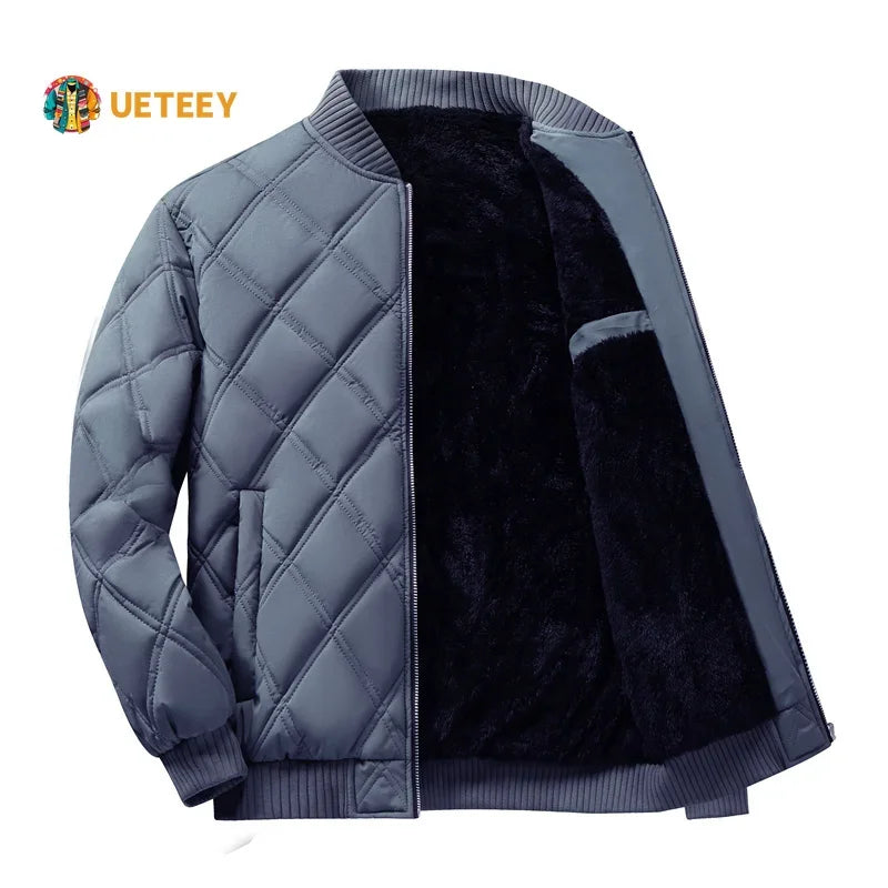 Winter Jacket Men Baseball Collar Parkas Plus Velvet Thicken Warm Rhombus Lattice Casual Parka Bomber Jacket Male Padded Coat