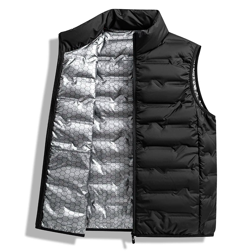 Graphene Self-heating Down Vests Men Solid Windproof Pleated Winter Vests Classic Stand Collar Warm Waistcoats