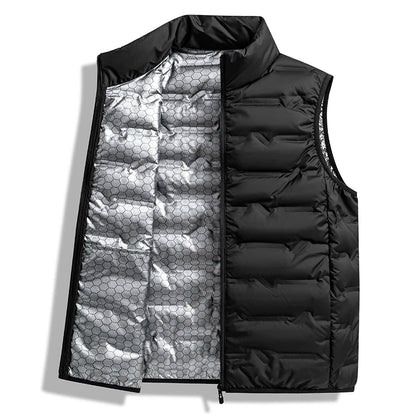 Graphene Self-heating Down Vests Men Solid Windproof Pleated Winter Vests Classic Stand Collar Warm Waistcoats